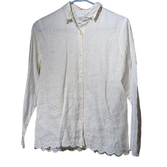 Outfit Tops - Outfit JPR 100% Pure Linen Cream Eyelet Detailing Button Front Top Womens Sz S